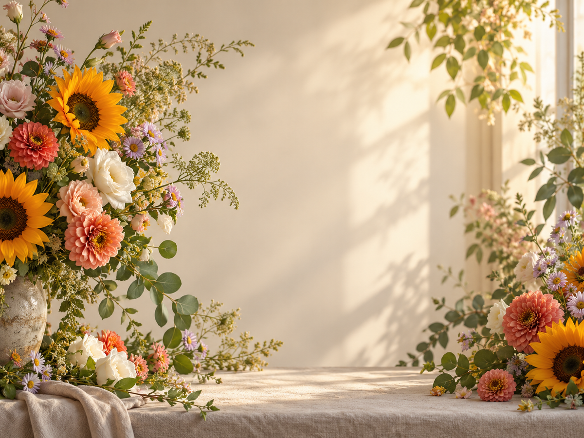 Sunlit editorial floral arrangements framing a warm, open background with sunflowers, zinnias, asters, lisianthus and greenery